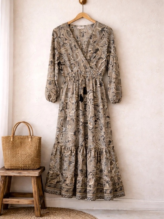 Dresses & Skirts - Boho Boemo Paisley Wrap Maxi Dress in Taupe medium Anthropologie